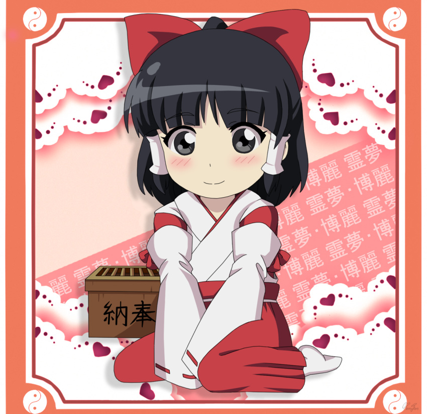 1girl, bangs, between_legs, black_eyes, black_hair, blush, border, bow