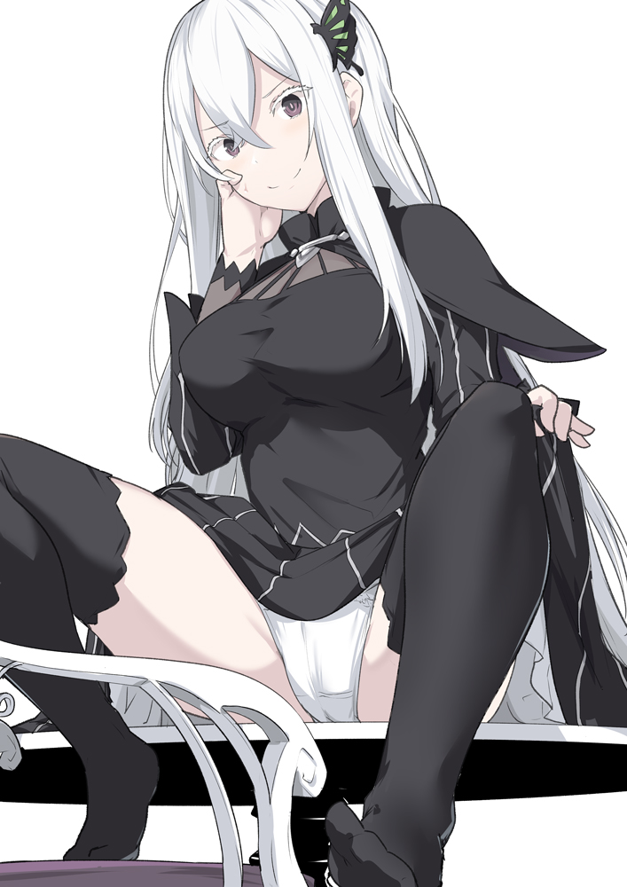 1girl, bangs, black_capelet, black_dress, black_legwear, blush, breasts, butterfly_hair_ornament