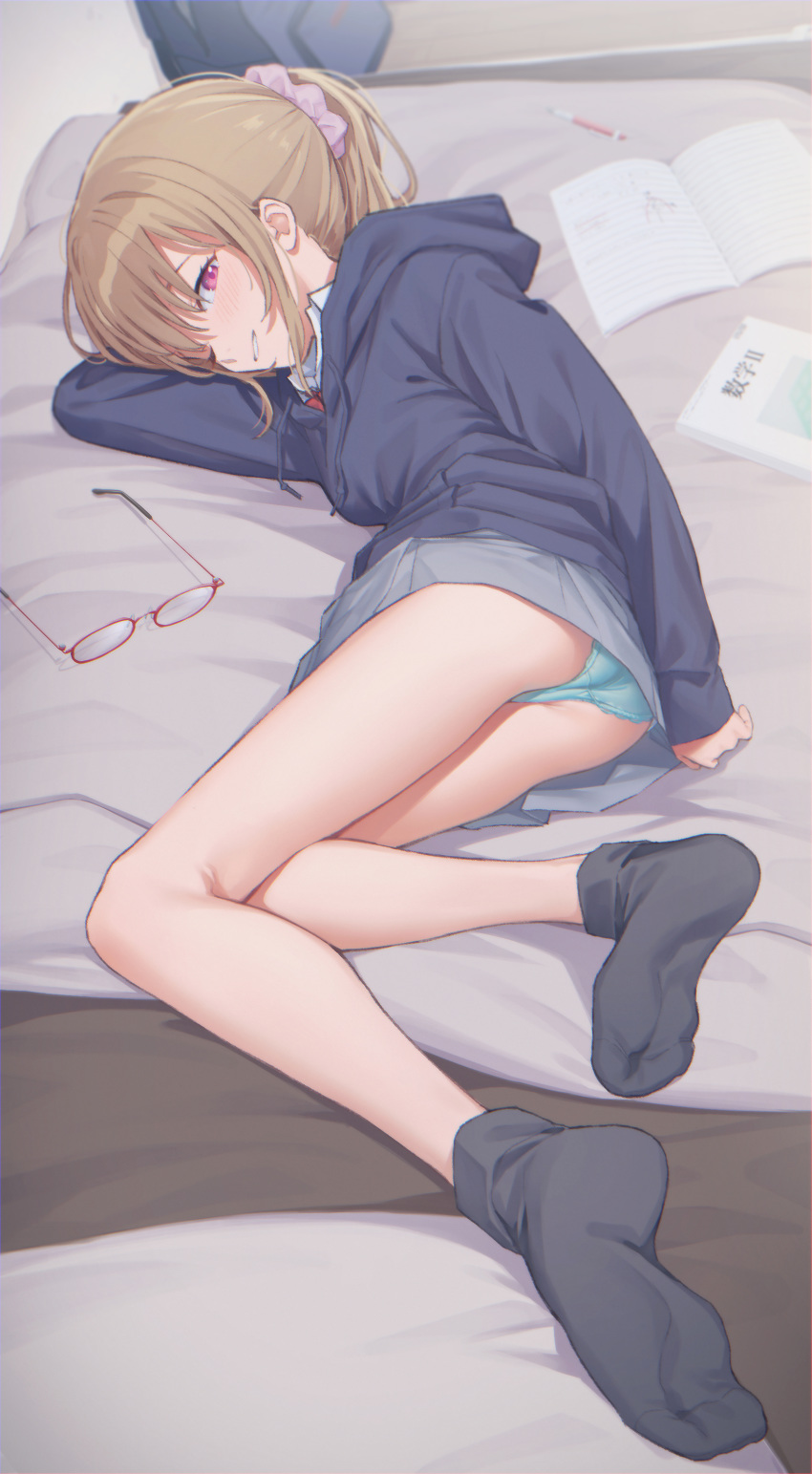 1girl, absurdres, arm_up, ass, backpack, bag, bangs, black_legwear