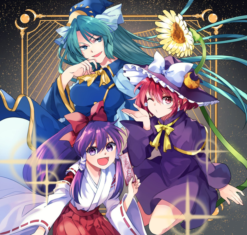 3girls, bangs, blue_shirt, blue_skirt, bow, bowtie, buttons, capelet