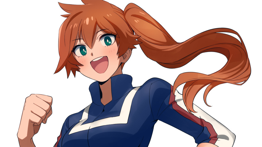 1girl, :d, blush, boku_no_hero_academia, breasts, clenched_hand, commentary, eyebrows_visible_through_hair