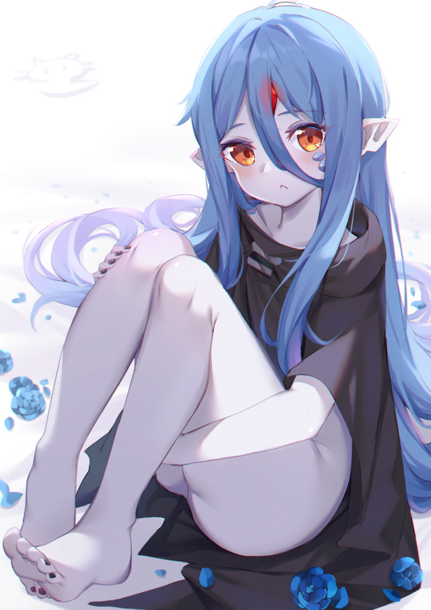 1girl, :<, absurdly_long_hair, absurdres, bangs, barefoot, black_cloak, black_nails, blue_flower, blue_hair, blue_rose, blush, brown_eyes, cloak, closed_mouth, commentary, dungeon_ni_deai_wo_motomeru_no_wa_machigatteiru_darou_ka, eyebrows_visible_through_hair, flower, forehead_jewel, glowing, grey_skin, hair_between_eyes, highres, hood, hood_down, hooded_cloak, knees_up, long_hair, nahaki, pointy_ears, rose, solo, toenail_polish, very_long_hair, white_background, wiene