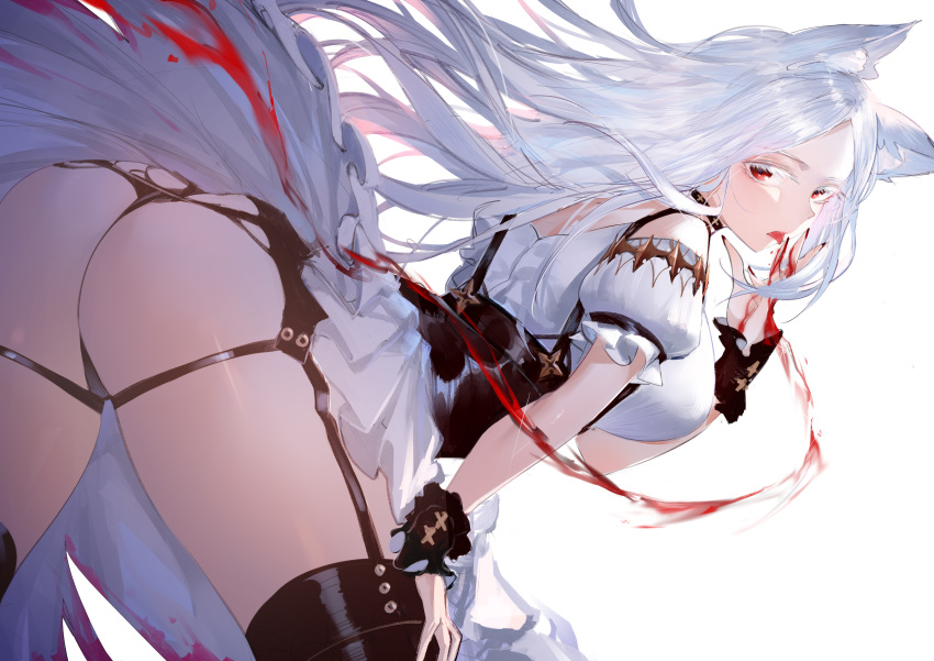 1girl, absurdres, albino, animal_ear_fluff, animal_ears, ass, bangs, bare_shoulders