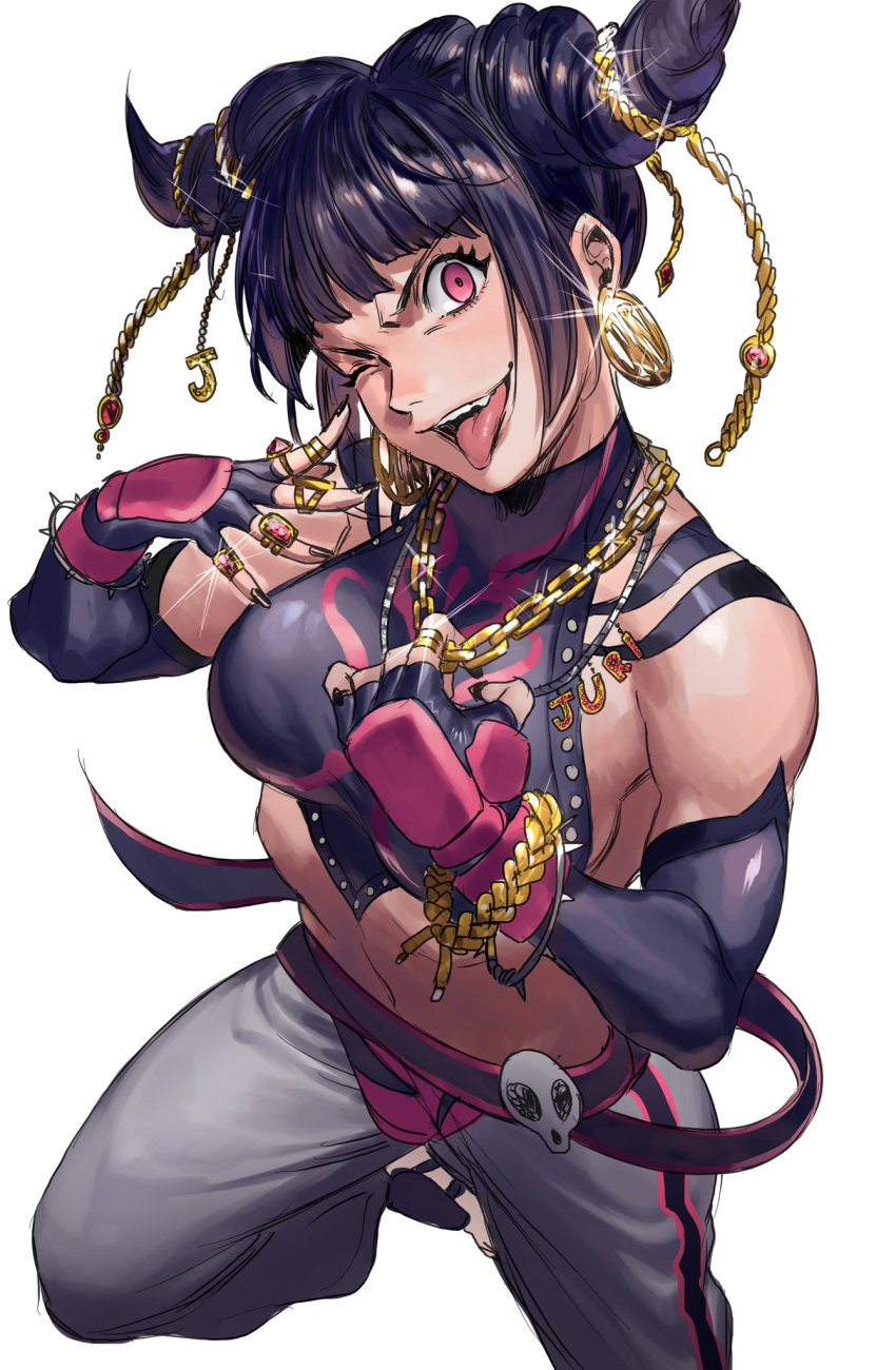 1girl, black_hair, black_nails, bracelet, breasts, chain, commentary, cowboy_shot