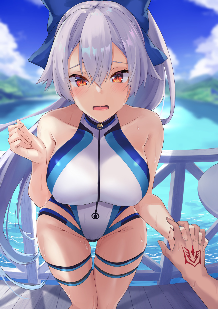 1girl, absurdres, bare_shoulders, blue_sky, blush, breasts, command_spell, commentary