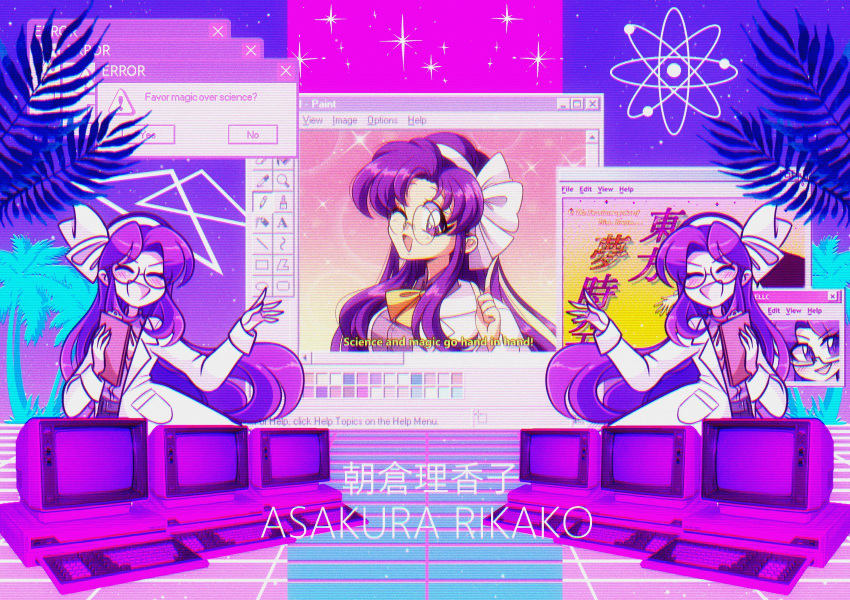 1girl, asakura_rikako, atom, black_pants, blush, bow, clipboard, closed_eyes