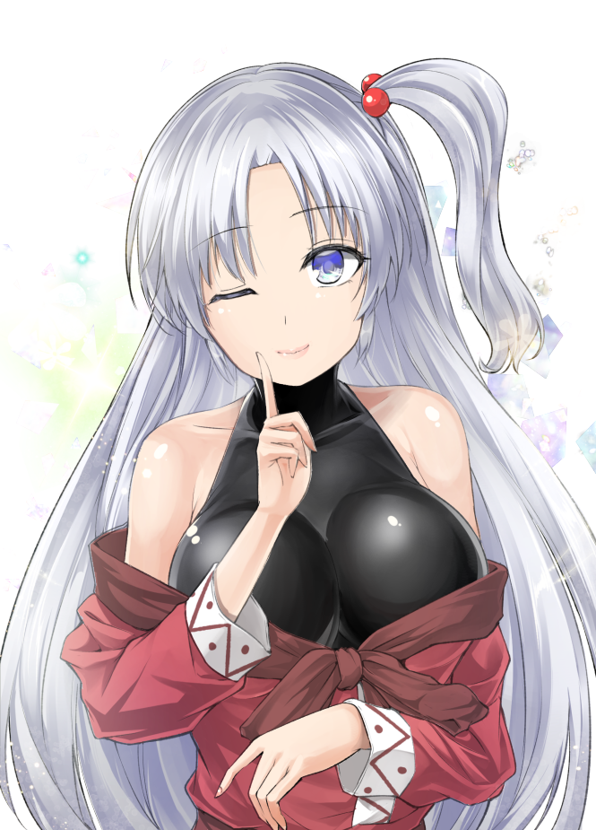 1girl, bangs, bare_shoulders, blue_eyes, blush, breasts, cleavage, closed_mouth