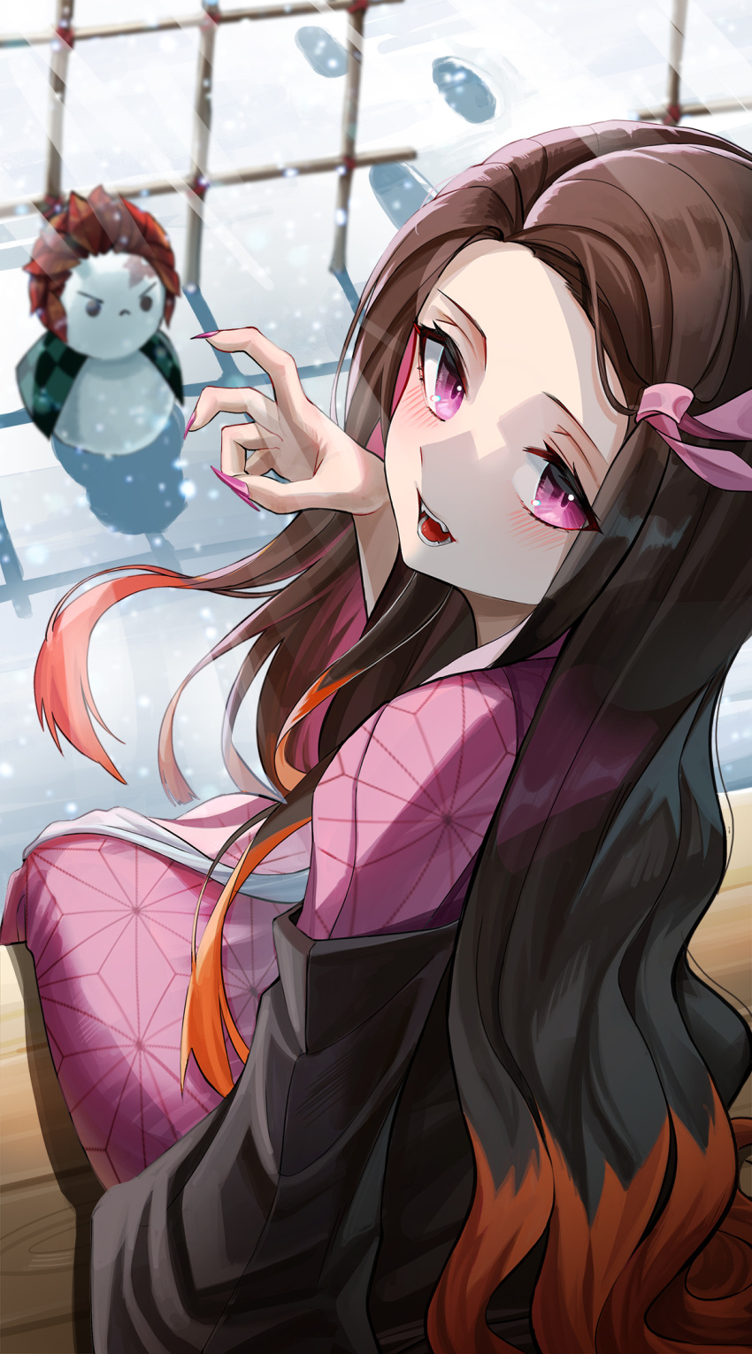 1girl, :d, bangs, black_hair, brown_hair, checkered, commentary_request, fangs