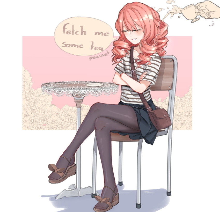 1boy, 1girl, bag, black_skirt, blush, chair, closed_eyes, commentary