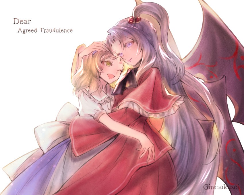 2girls, alice_margatroid, alice_margatroid_(pc-98), black_wings, blonde_hair, blue_dress, blue_hairband, bow