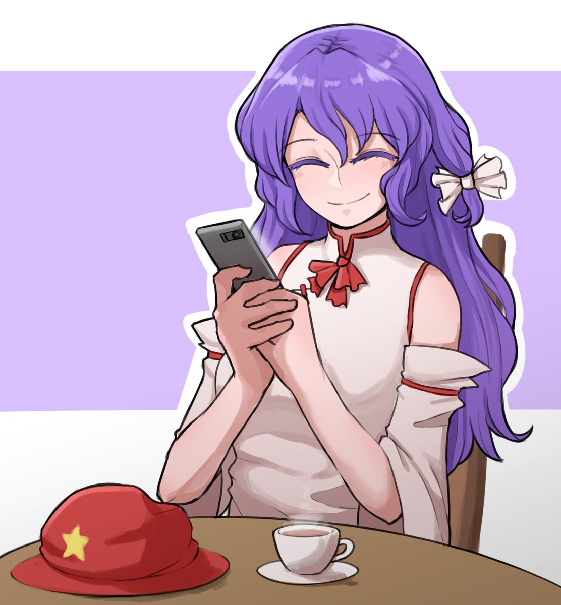 1girl, bare_shoulders, chair, closed_eyes, cup, detached_sleeves, dolls_in_pseudo_paradise, english_commentary, flat_cap, hat, highres, label_girl_(dipp), long_hair, mata_(matasoup), phone, purple_background, purple_hair, red_ribbon, ribbon, screen_light, shirt, simple_background, sitting, smile, solo, star_(symbol), table, tea, teacup, touhou, vest, white_background, white_ribbon, white_shirt, white_vest