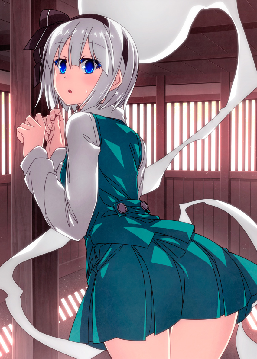 1girl, :o, bangs, barn, black_hairband, black_ribbon, blue_eyes, blush