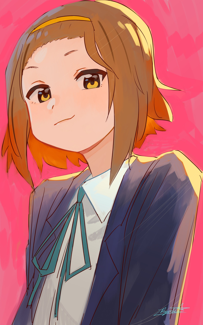 1girl, absurdres, bangs_pinned_back, blue_neckwear, blue_ribbon, brown_eyes, brown_hair, closed_mouth