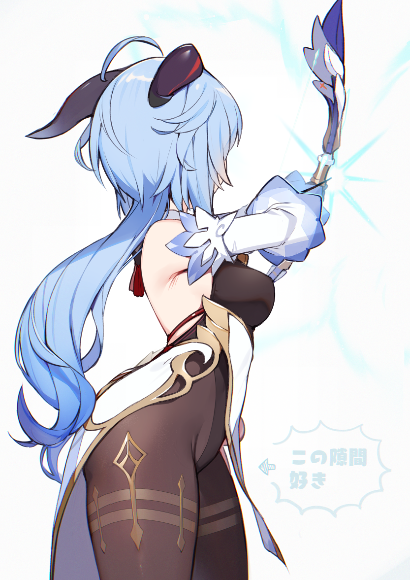 1girl, ahoge, aiming, armpits, bare_shoulders, black_leotard, blue_hair, bodystocking