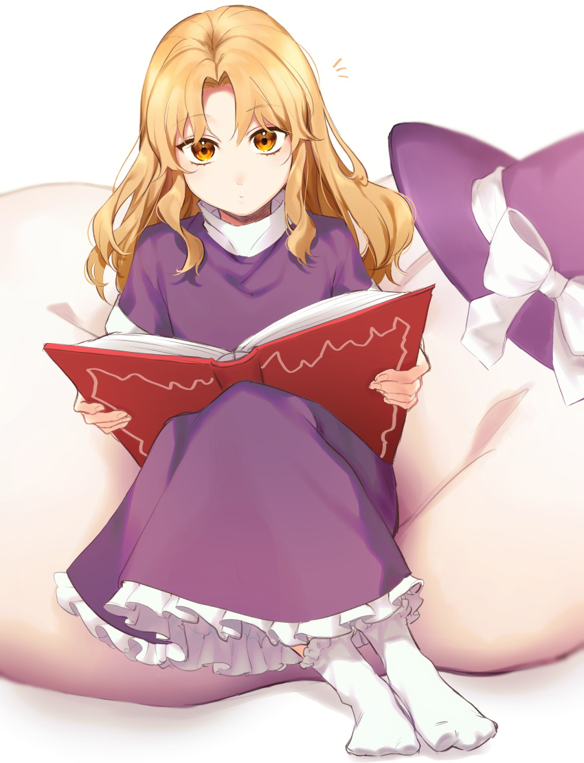 1girl, absurdres, bangs, blonde_hair, book, bow, closed_mouth, dress