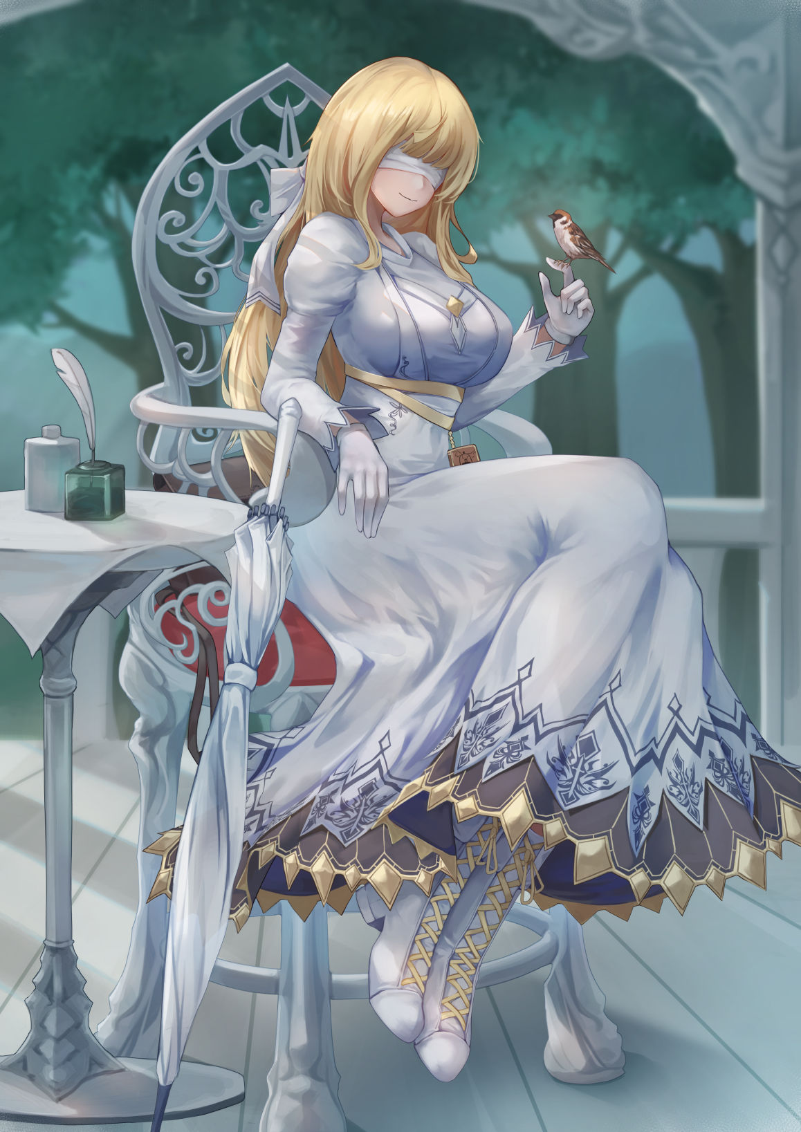 1girl, bird, blindfold, blonde_hair, boots, breasts, chair, covered_eyes