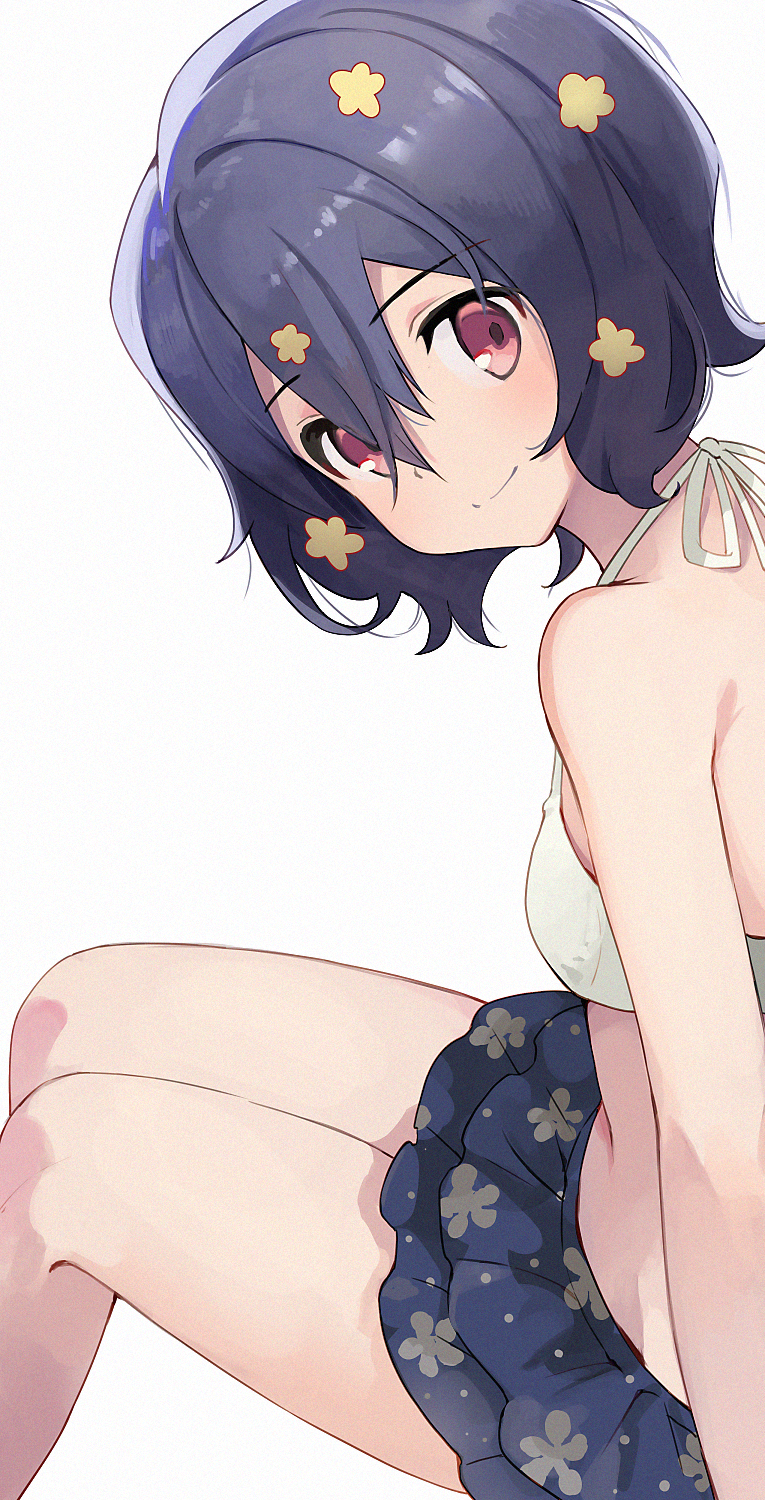 1girl, arm_support, bikini, black_hair, breasts, closed_mouth, commentary_request, eyebrows_visible_through_hair