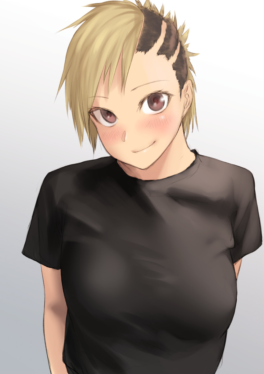 1girl, black_shirt, blonde_hair, blush, breasts, brown_eyes, buzz_cut, closed_mouth