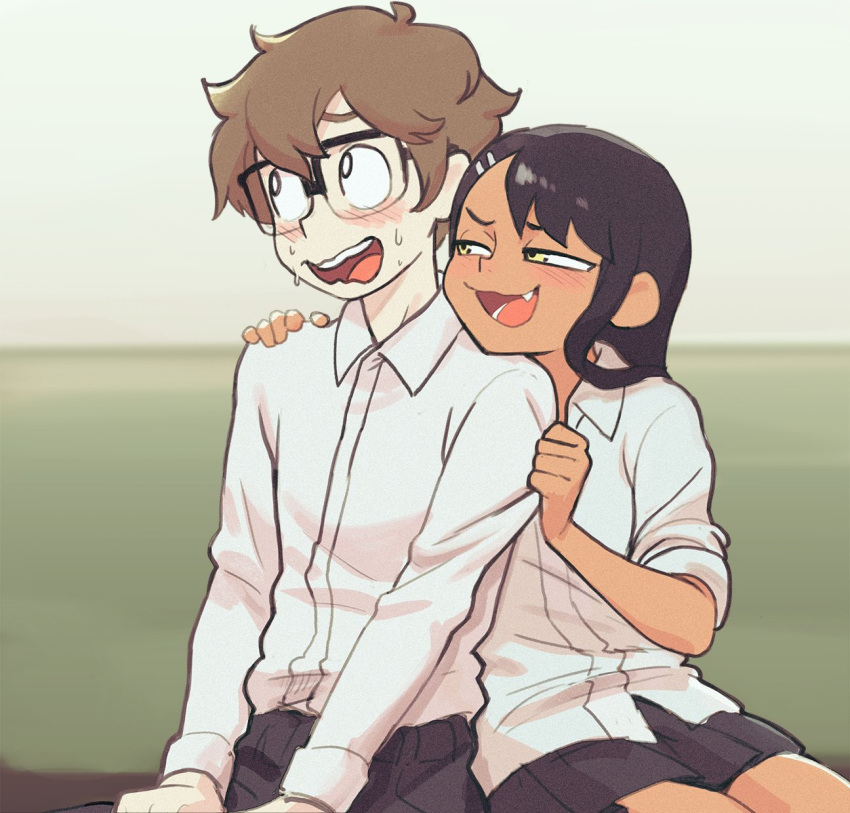 1boy, 1girl, :3, bangs, black_hair, black_legwear, black_skirt, blurry