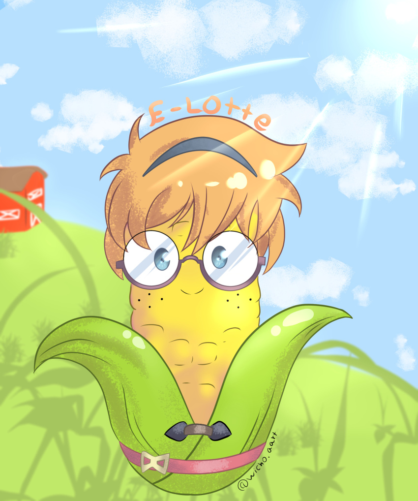 1girl, artist_name, barn, belt, blue_eyes, clouds, commentary, corn