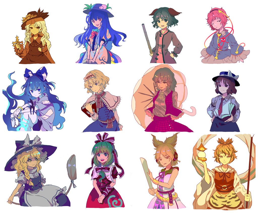 6+girls, alice_margatroid, animal_ears, apron, arm_up, ascot, bangs, bare_shoulders