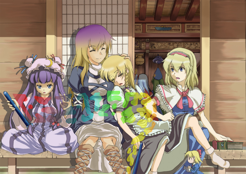 alice_margatroid, blonde_hair, blue_eyes, braid, breast_pillow, camera, doll, gradient_hair