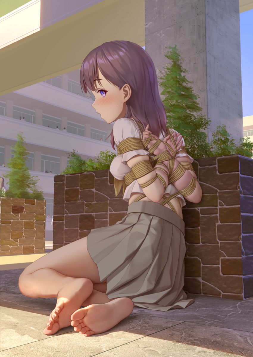 1girl, arms_behind_back, bare_legs, barefoot, blush, bound, bound_arms, breasts