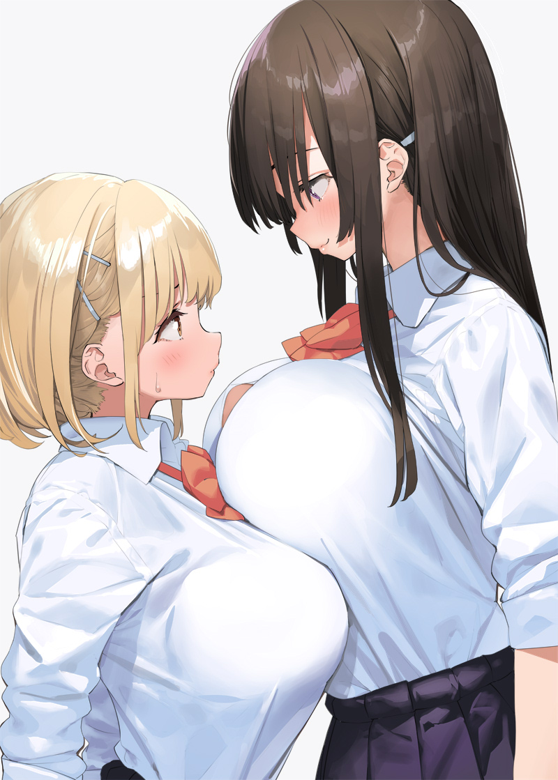 2girls, black_skirt, blonde_hair, bow, bowtie, breast_rest, breasts, brown_eyes
