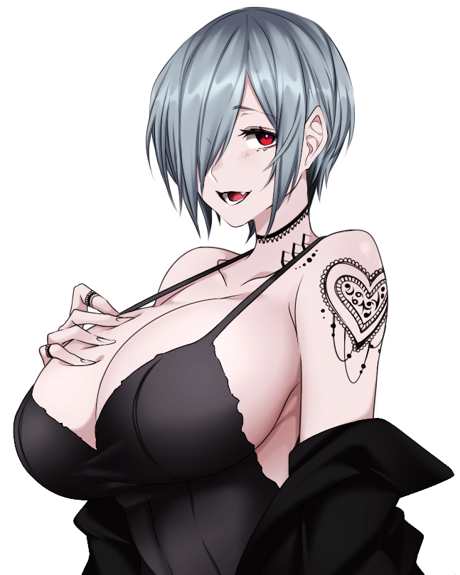 1girl, breasts, camui_kamui, eyebrows, eyebrows_visible_through_hair, fang, gothic, hand_on_own_chest