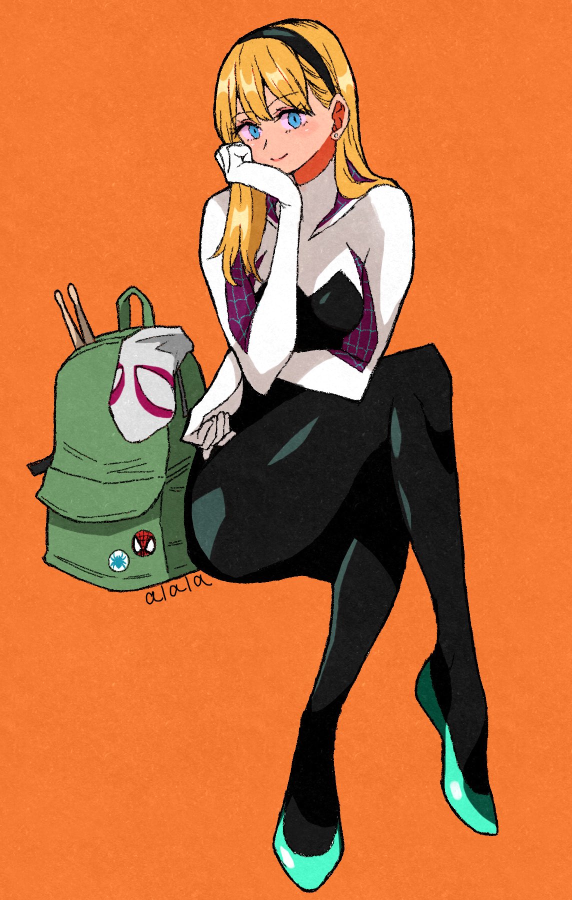 1girl, ballet_slippers, blonde_hair, blue_eyes, bodysuit, breasts, gloves, gwen_stacy