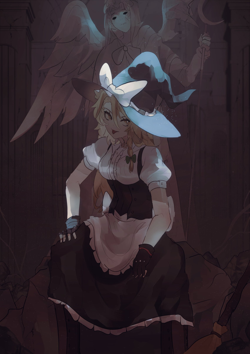 1girl, absurdres, angel_wings, black_gloves, black_skirt, blonde_hair, braid, breasts