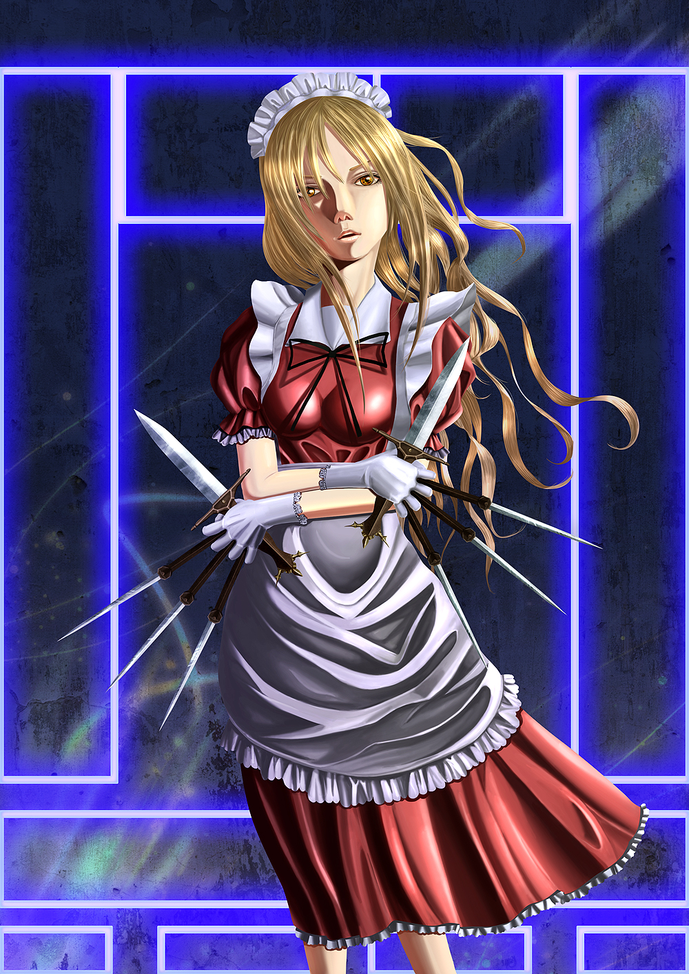 apron, blonde_hair, dagger, dual_wielding, gloves, knife, lennard_hirao, long_hair