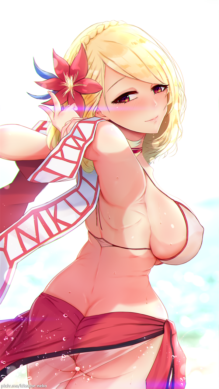 1girl, arms_behind_head, azur_lane, bikini, blonde_hair, braid, choker, crown_braid