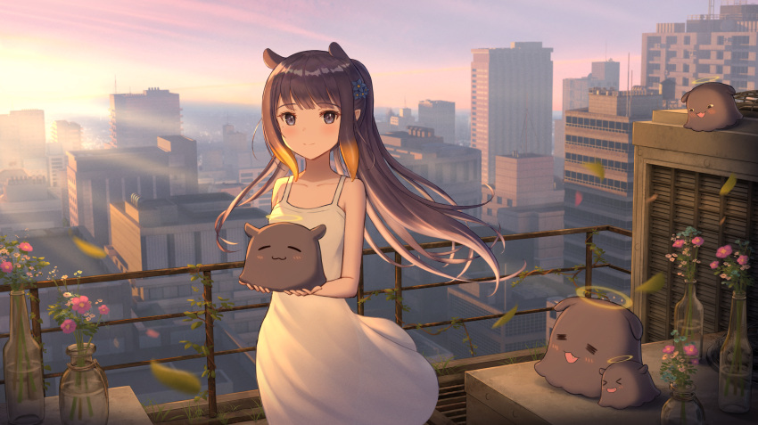 1girl, :3, air_conditioner, bangs, bare_shoulders, blue_eyes, blue_flower, blunt_bangs