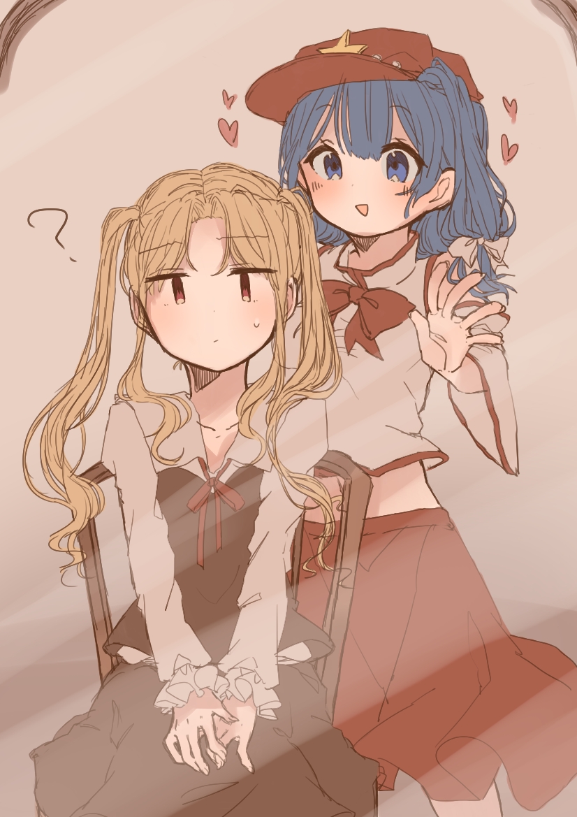 2girls, alternate_hairstyle, blue_eyes, blue_hair, bow, brown_vest, cabbie_hat, collared_shirt