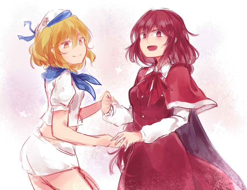 2girls, anchor_symbol, ascot, black_cape, blonde_hair, blue_neckwear, blue_sailor_collar, cape, capelet, cloak, hat, jubctybn, kitashirakawa_chiyuri, long_sleeves, midriff, multiple_girls, okazaki_yumemi, puffy_short_sleeves, puffy_sleeves, red_ascot, red_capelet, red_eyes, red_neckwear, red_skirt, red_vest, redhead, sailor, sailor_collar, sailor_hat, shirt, short_hair, short_sleeves, shorts, skirt, touhou, twintails, uniform, vest, white_shirt, white_shorts, white_sleeves, yellow_eyes
