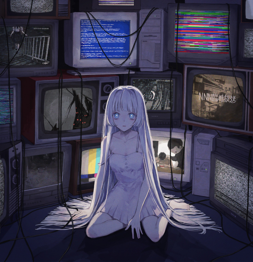 1girl, absurdres, bangs, barefoot, blank_room_soup, blue_eyes, blue_screen_of_death, bright_pupils