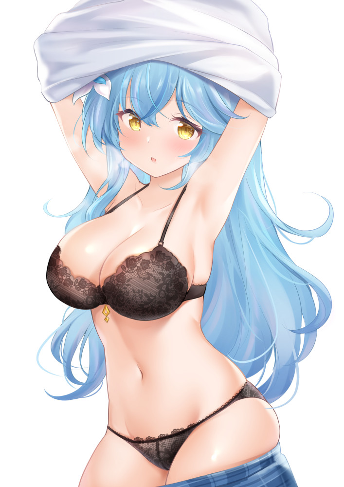 1girl, armpits, arms_up, bangs, black_bra, black_panties, blush, bra