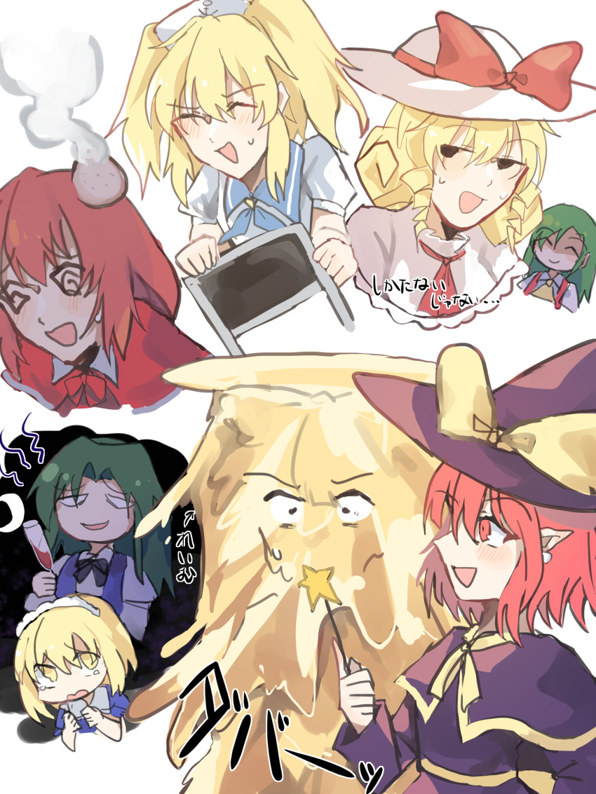 6+girls, @_@, absurdres, alice_margatroid, alice_margatroid_(pc-98), alternate_costume, anchor_symbol, ascot, black_bow, black_bowtie, black_neckwear, blonde_hair, blue_dress, blue_neckwear, blue_sailor_collar, blush, bow, bowtie, capelet, chair, closed_eyes, closed_mouth, crescent, cup, curly_hair, dress, drill_locks, drinking_glass, earrings, elly_(touhou), frilled_capelet, frills, green_hair, hakurei_reimu, hat, hat_bow, head_bump, highres, jewelry, juliet_sleeves, kazami_yuuka, kazami_yuuka_(pc-98), kirisame_marisa, kirisame_marisa_(pc-98), kitashirakawa_chiyuri, kuma_xylocopa, long_hair, long_sleeves, maid, maid_headdress, mima_(touhou), multiple_girls, no_hat, no_headwear, oil, open_clothes, open_mouth, open_vest, plaid, plaid_vest, pointy_ears, puffy_short_sleeves, puffy_sleeves, purple_capelet, purple_dress, red_ascot, red_bow, red_bowtie, red_capelet, red_eyes, red_neckwear, redhead, sailor, sailor_collar, sailor_hat, shirt, short_sleeves, simple_background, smoke, star_(symbol), star_wand, sun_hat, sweatdrop, touhou, touhou_(pc-98), twintails, v-shaped_eyebrows, vest, wand, white_background, white_capelet, white_hair, white_shirt, witch_hat, yellow_ascot, yellow_bow
