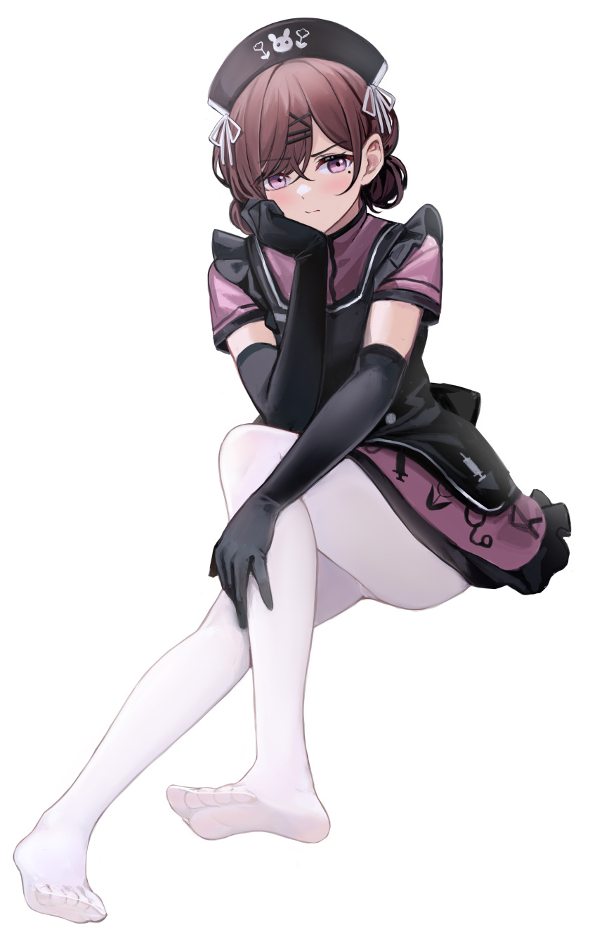1girl, absurdres, apron, bangs, black_apron, black_gloves, black_headwear, blush, brown_hair, closed_mouth, commentary, dress, elbow_gloves, eyebrows_visible_through_hair, feet, full_body, gloves, hair_between_eyes, hair_ornament, hand_on_own_cheek, hand_on_own_face, hat, head_rest, highres, higuchi_madoka, idolmaster, idolmaster_shiny_colors, looking_at_viewer, mole, mole_under_eye, nagata_gata, no_shoes, nurse_cap, pantyhose, pink_dress, short_hair, sitting, solo, violet_eyes, white_legwear, x_hair_ornament