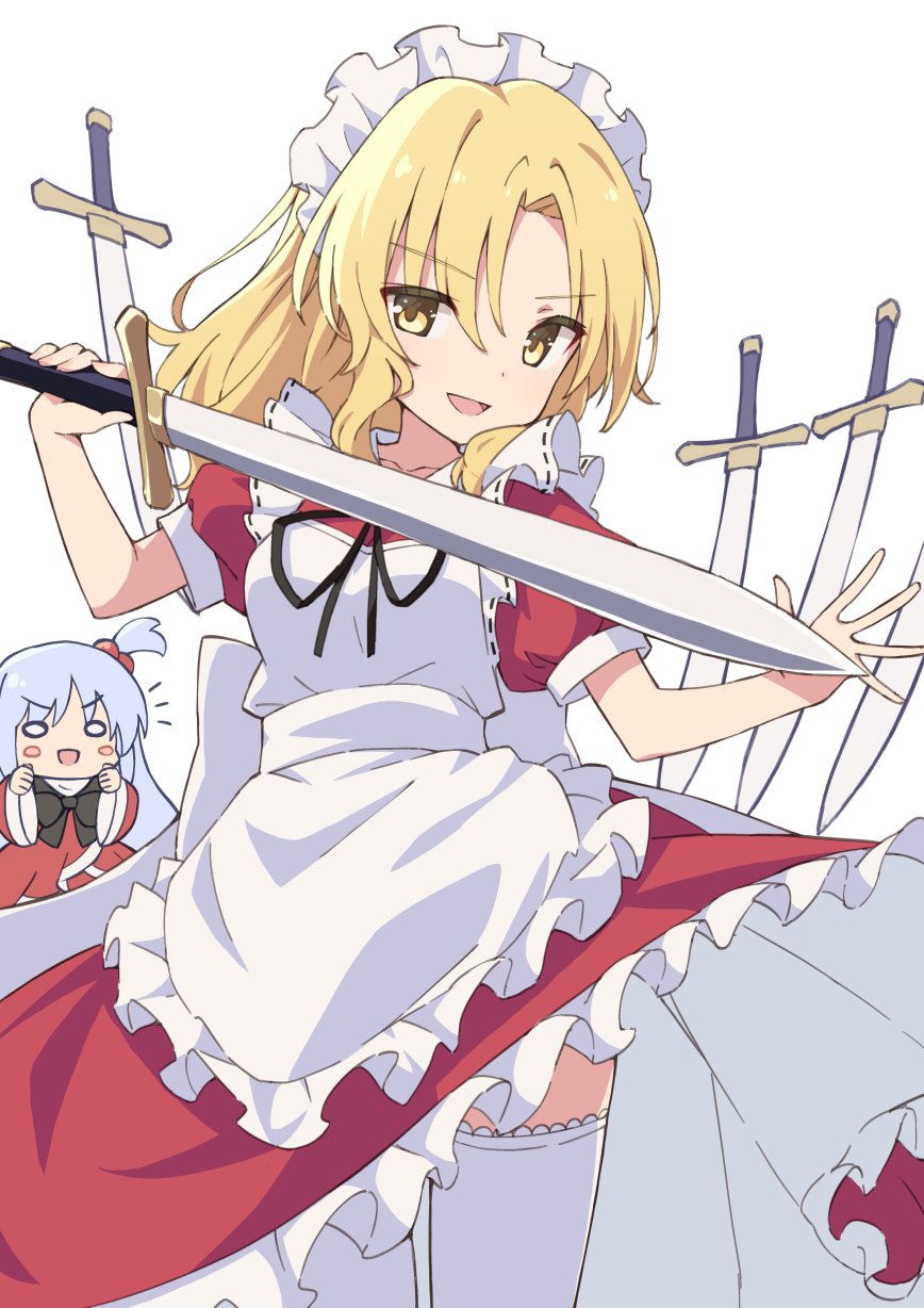2girls, :d, apron, bangs, blonde_hair, blush, blush_stickers, chibi, commentary_request, dagger, dot_nose, dress, eyebrows_visible_through_hair, eyelashes, frilled_apron, frills, happy, head_tilt, highres, holding, holding_sword, holding_weapon, knife, kochi_michikaze, lace-trimmed_legwear, lace_trim, long_hair, maid, maid_apron, maid_headdress, multiple_girls, one_side_up, open_mouth, parted_bangs, petticoat, puffy_short_sleeves, puffy_sleeves, red_dress, ribbon_trim, short_sleeves, side_ponytail, sidelocks, silver_hair, smile, solid_oval_eyes, standing, sword, thigh-highs, touhou, touhou_(pc-98), weapon, white_apron, white_legwear, wide_sleeves, yellow_eyes, yumeko_(touhou)