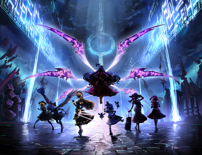 6+girls, alice_margatroid, alice_margatroid_(pc-98), apron, bag, blonde_hair, bow, capelet, david_hrusa, dress, faceless, grimoire_of_alice, hair_ornament, hat, highres, long_hair, louise_(touhou), mai_(touhou), maid_apron, maid_headdress, makai_(touhou), multiple_girls, multiple_wings, mystic_square, red_dress, sara_(touhou), shaded_face, shinki_(touhou), short_hair, silver_hair, stone_floor, sword, touhou, touhou_(pc-98), weapon, wings, yuki_(touhou), yumeko_(touhou)