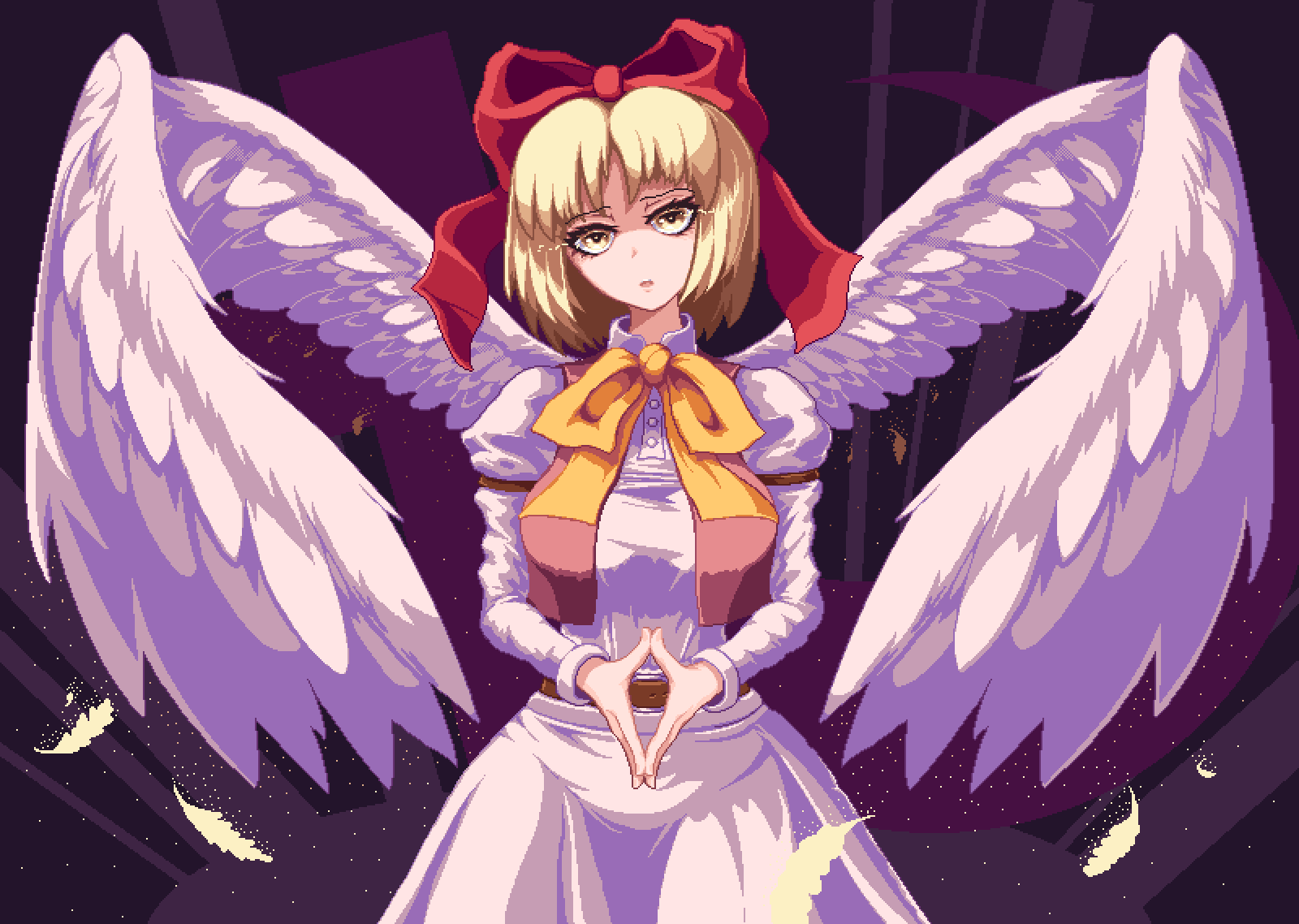 1girl, bangs, belt, blonde_hair, bow, bowtie, breasts, brown_belt