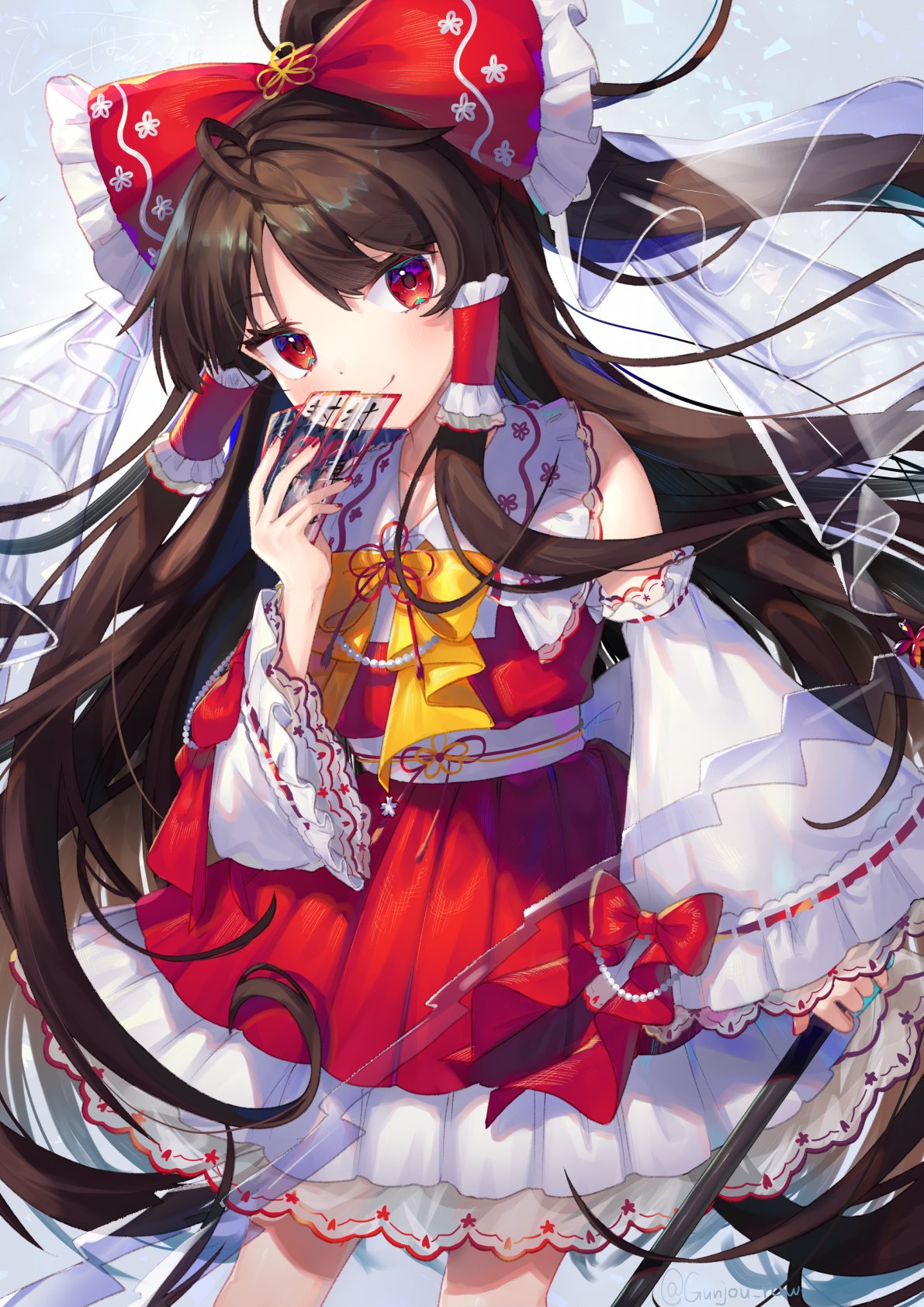 1girl, alternate_neckwear, bow, bowtie, brown_hair, collarbone, detached_sleeves, frilled_shirt_collar