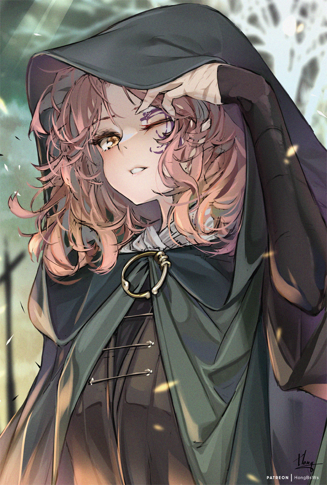 1girl, bangs, brown_hair, cloak, elden_ring, green_cloak, hong_(white_spider), hood