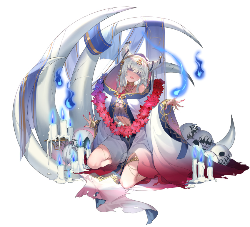 1girl, :d, anklet, ark_order, bangs, blindfold, blue_fire, bone