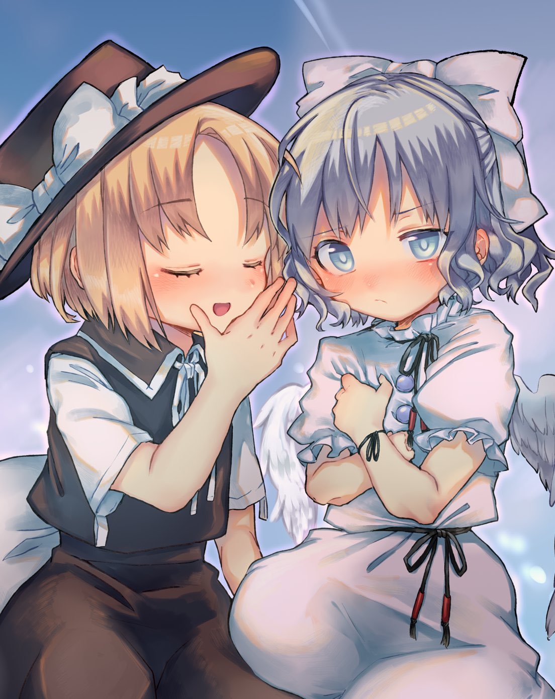2girls, angel_wings, arm_ribbon, bangs, black_ribbon, black_sash, blonde_hair, blue_eyes