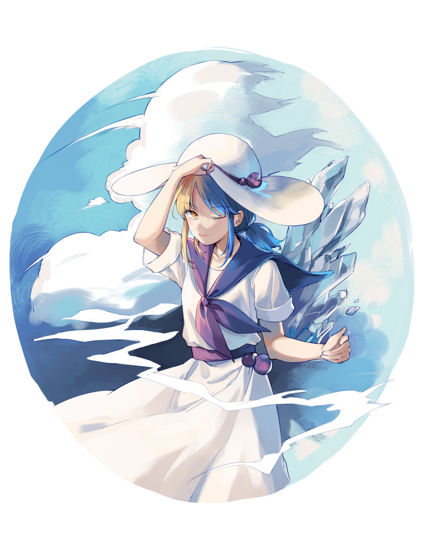 1girl, alternate_color, blonde_hair, blue_hair, closed_mouth, clouds, cloudy_sky, commentary_request