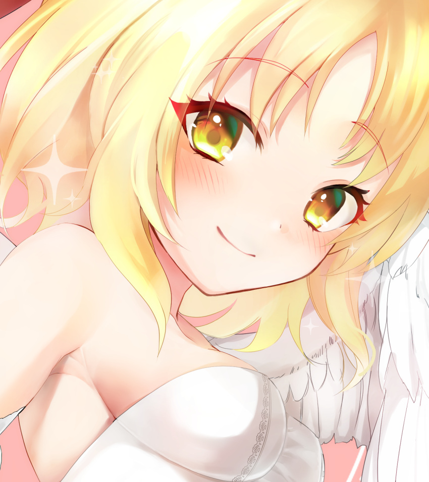 1girl, bangs, blonde_hair, blush, breasts, closed_mouth, commentary_request, dress