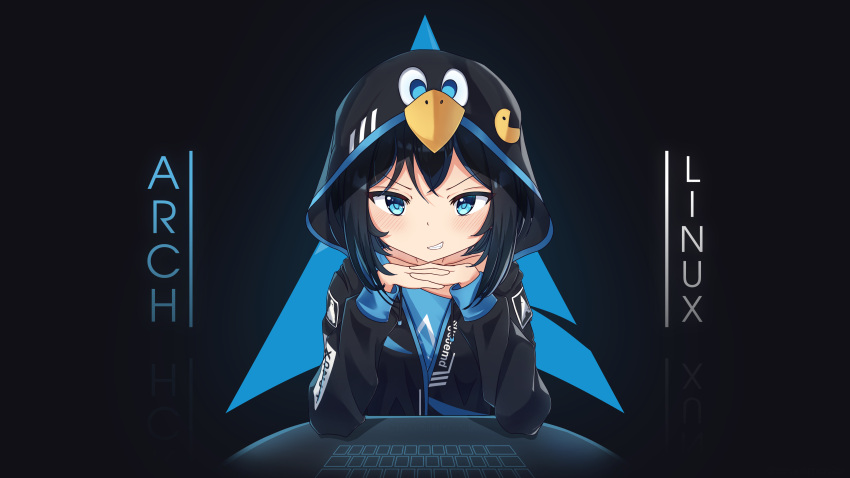 1girl, absurdres, arch_linux, bird, black_hair, black_jacket, blue_eyes, copyright_name